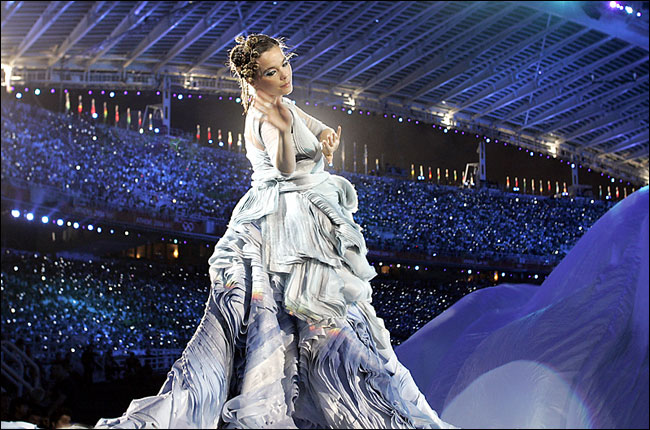 Bj&ouml;rk performing 'Oceana' at the main Olympic stadium during the Athens 2004 Olympic Games opening ceremony, August 13, 2004.